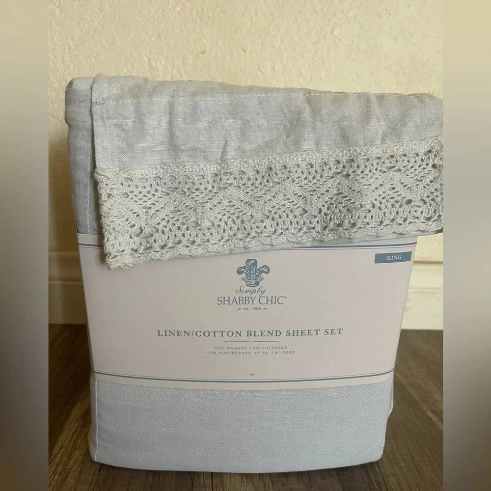 Rachel Ashwell Simply Shabby Chic KING Sheet Set Blue Linen Crochet Trim